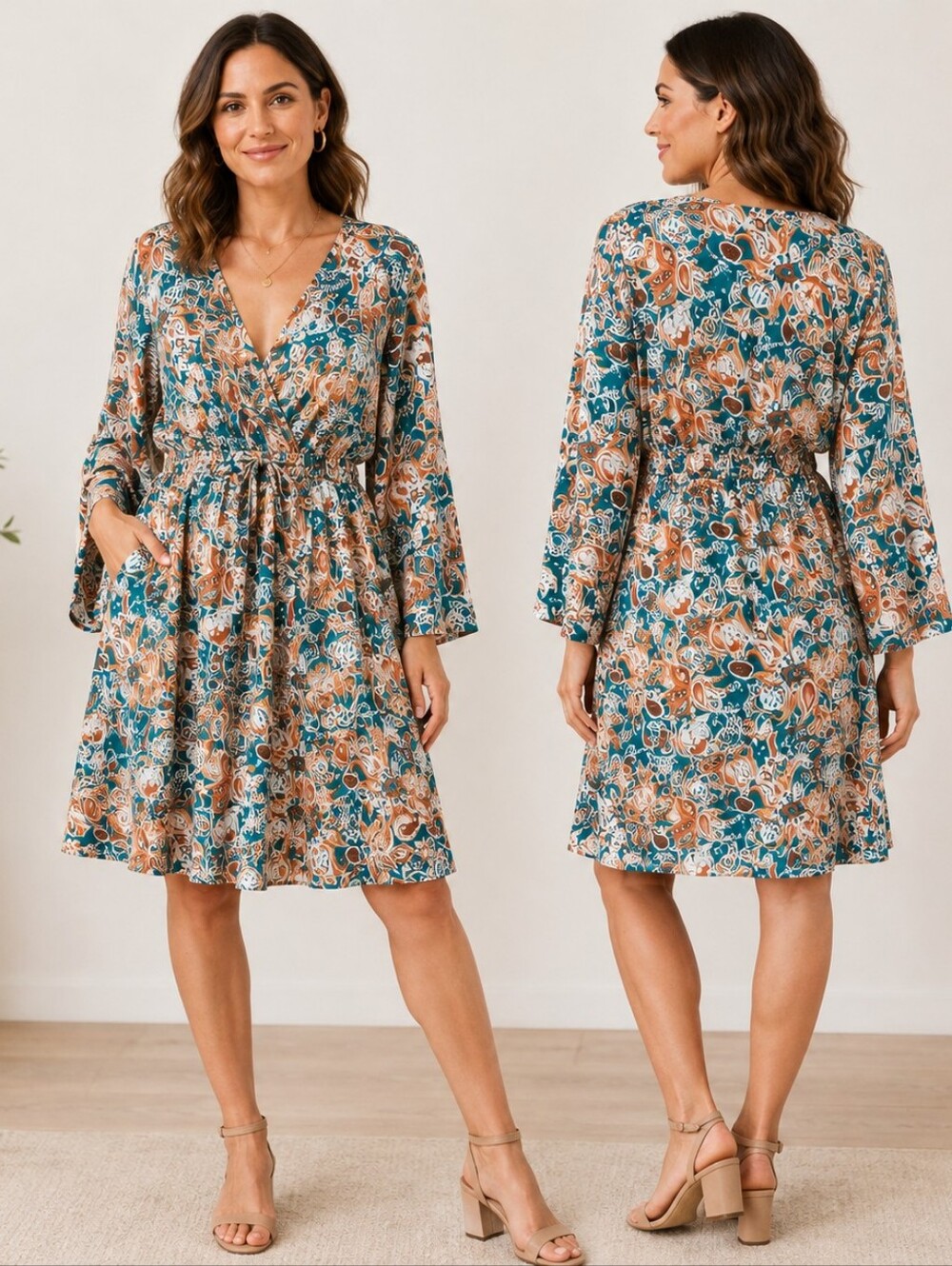 CUPSHE Size M Paisley Floral Wrap Dress Teal Rust Bell Sleeve Boho Chic Coastal